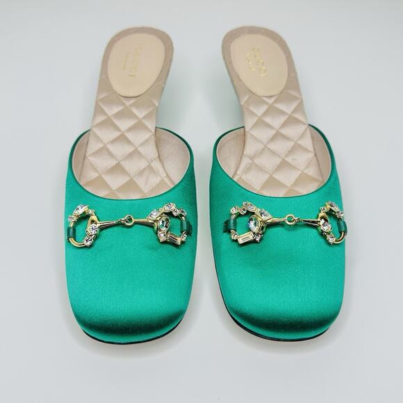 NIB Gucci Horsebit Crystals Satin Mules IT 36 US 6 Slip On Emerald Green Sandal - Picture 6 of 15